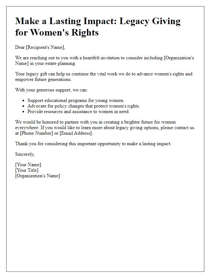 Letter template of a legacy giving invitation for women's rights projects.