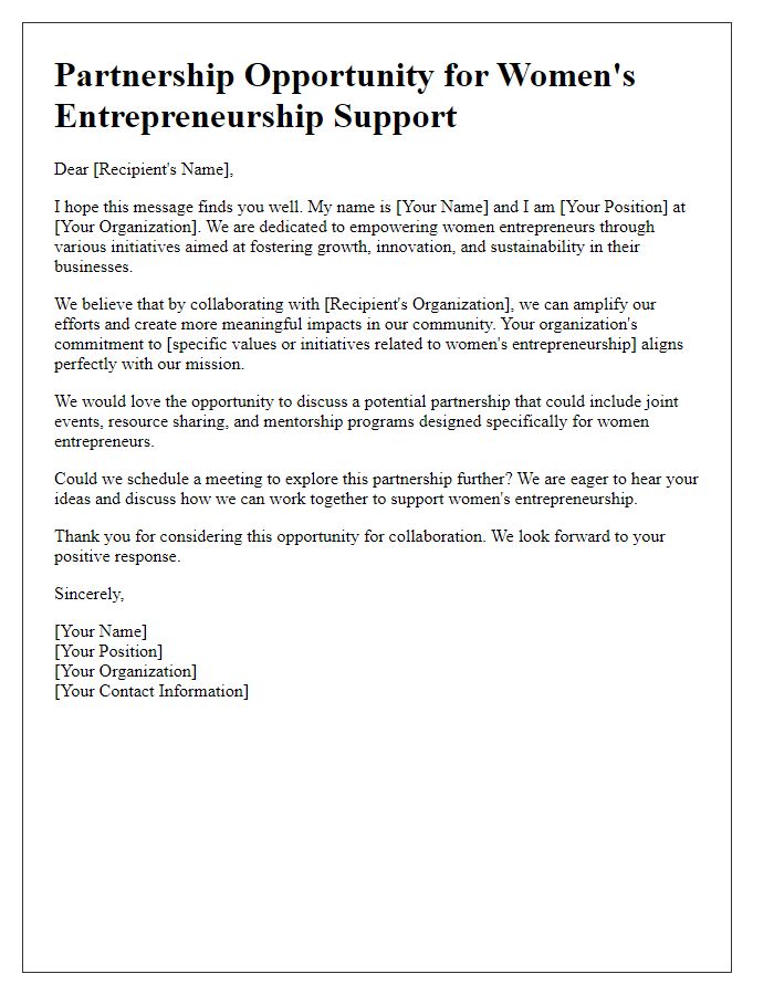 Letter template of a partnership outreach for women's entrepreneurship support.