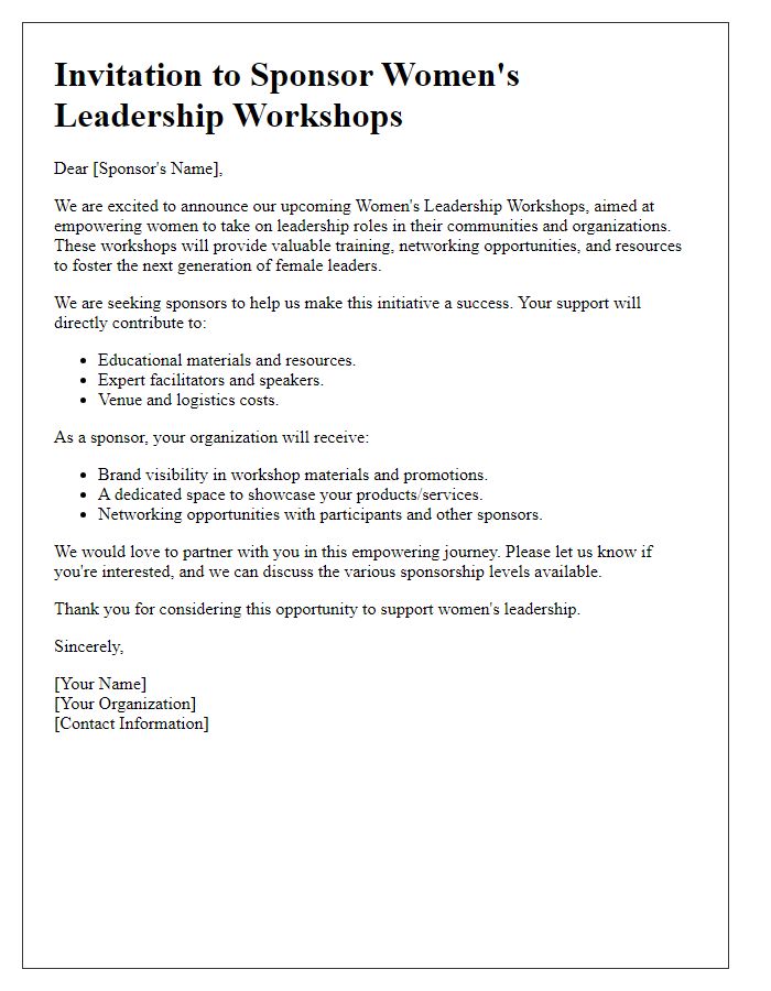 Letter template of a sponsorship invitation for womens leadership workshops.