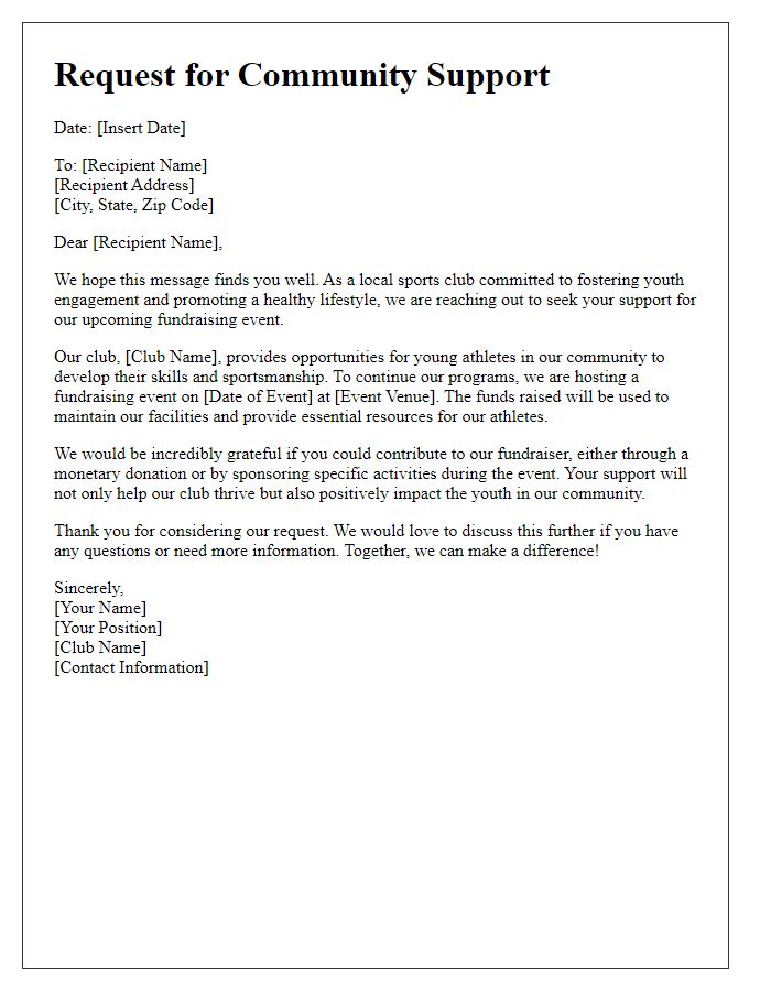 Letter template of community support request for local sports club fundraising.