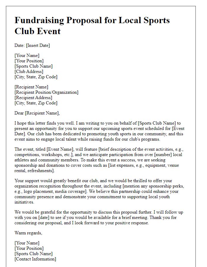 Letter template of fundraising proposal for local sports club event.