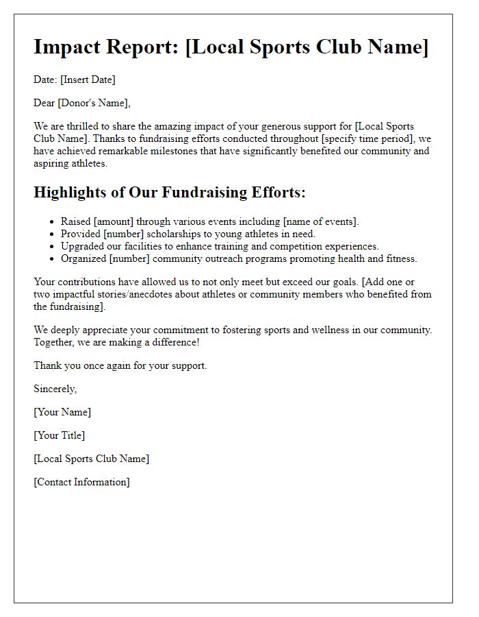 Letter template of impact report for local sports club fundraising efforts.