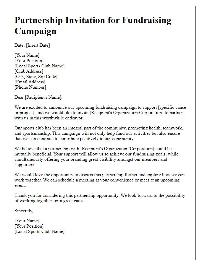 Letter template of partnership invitation for local sports club fundraising campaign.