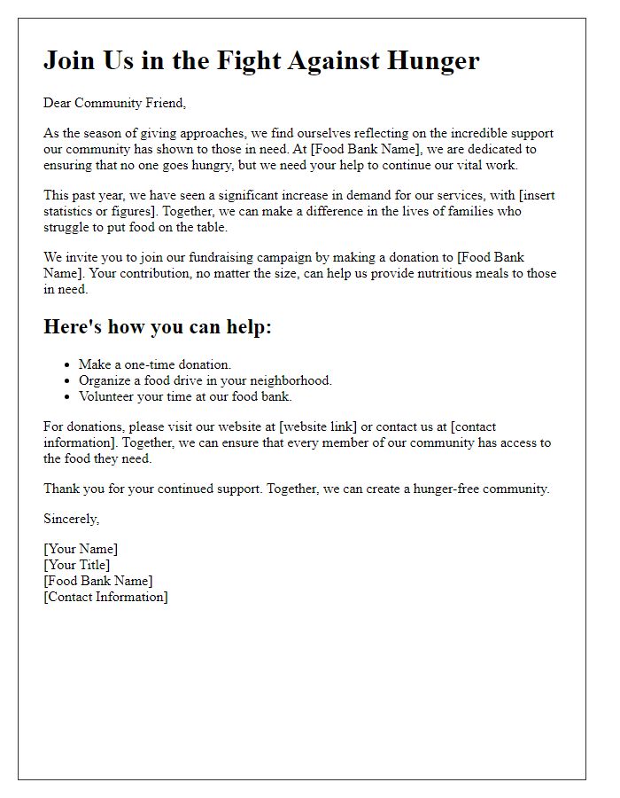 Letter template of food bank fundraising appeal for community support.