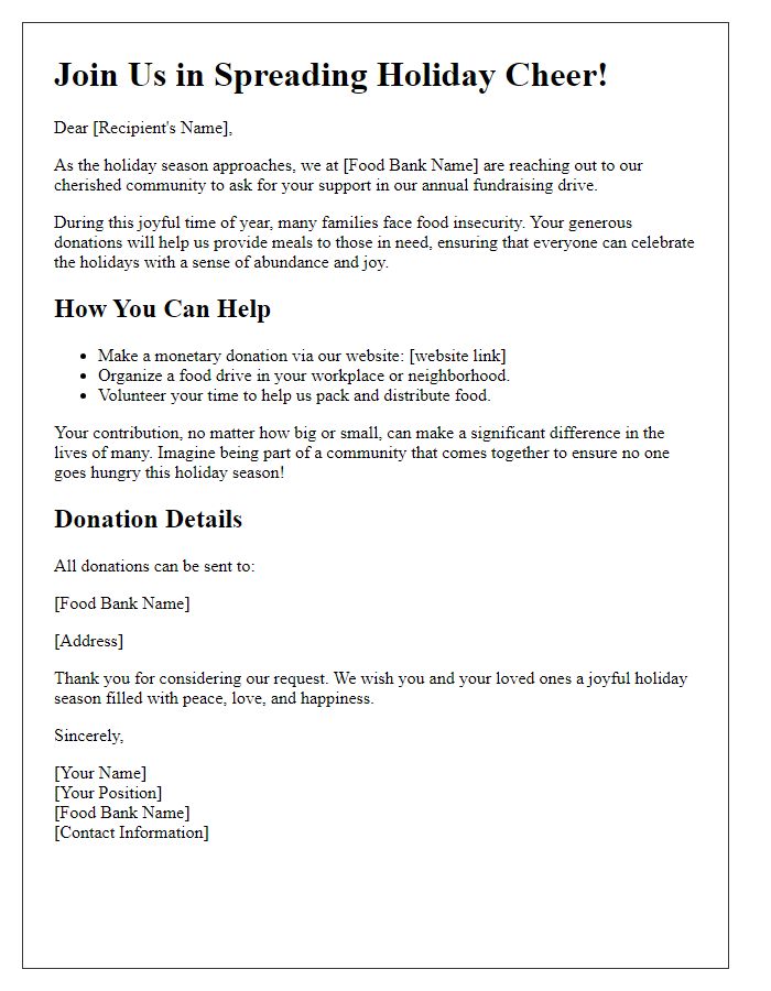 Letter template of food bank fundraising drive for holiday donations.