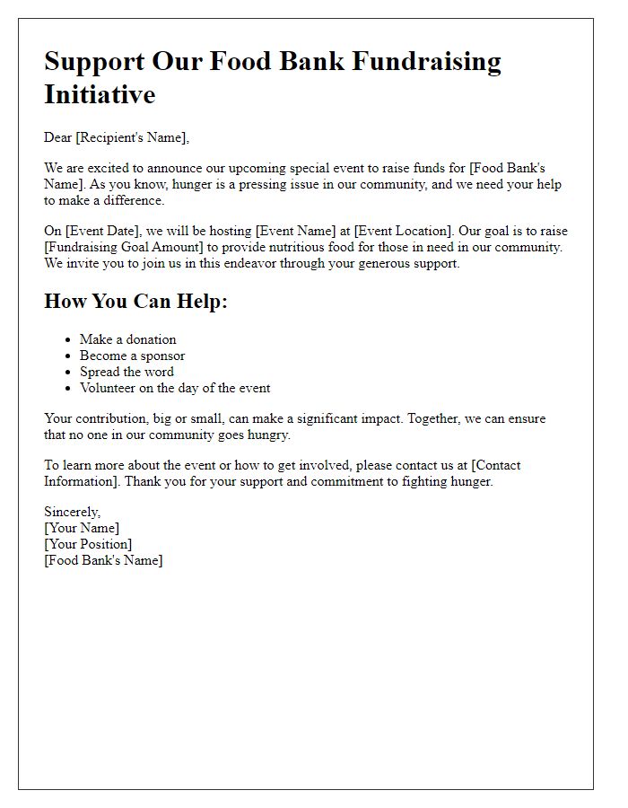 Letter template of food bank fundraising initiative for special events.