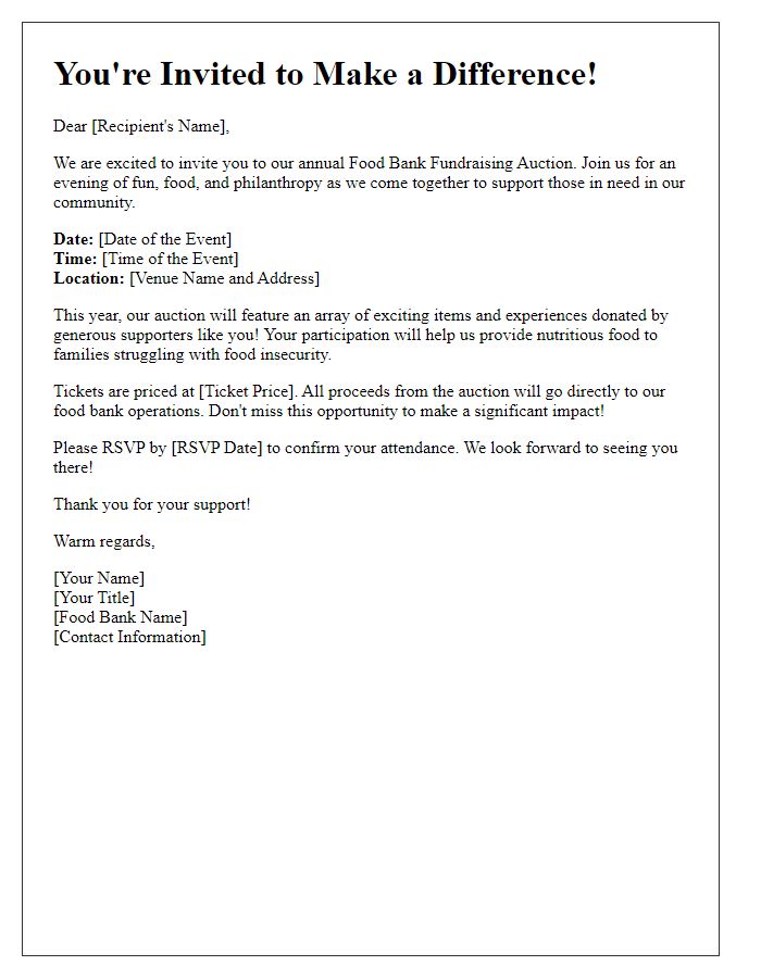 Letter template of food bank fundraising invitation for charity auctions.