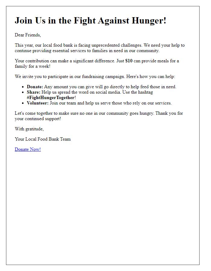 Letter template of food bank fundraising message for social media sharing.