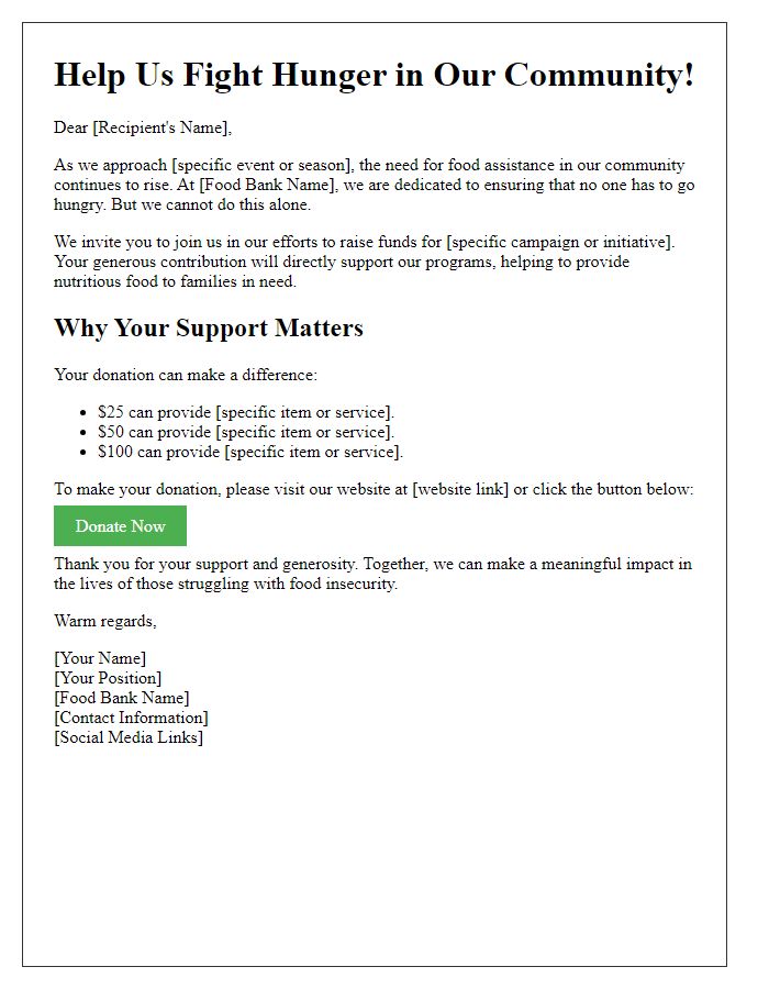 Letter template of food bank fundraising outreach for online campaigns.