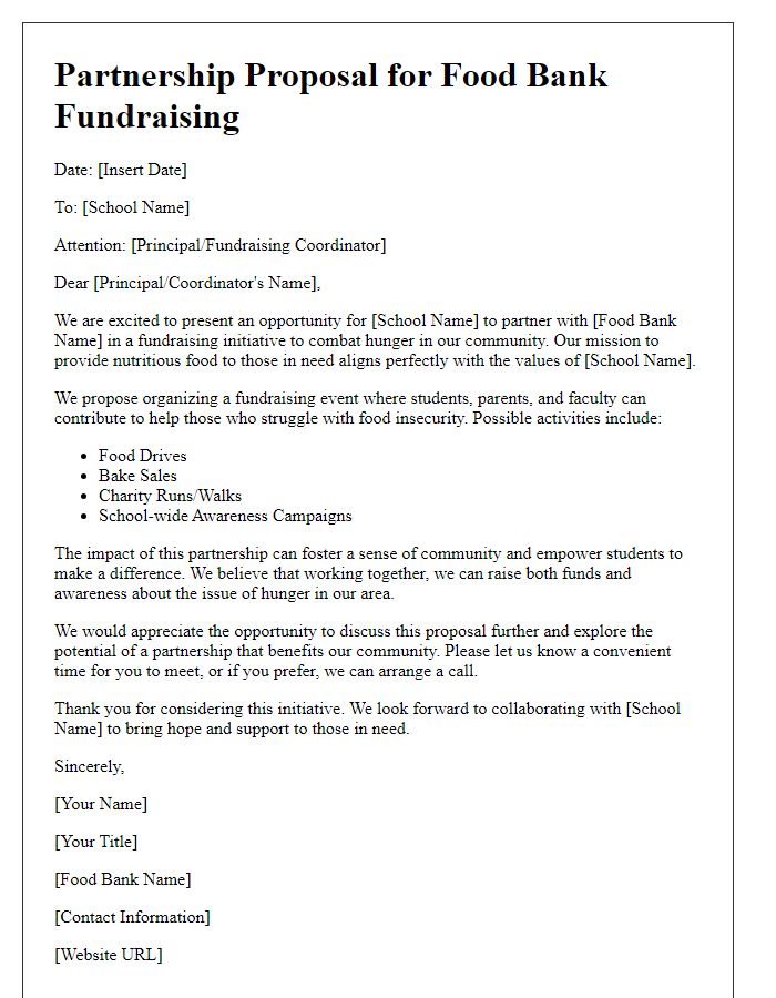 Letter template of food bank fundraising partnership proposal for schools.