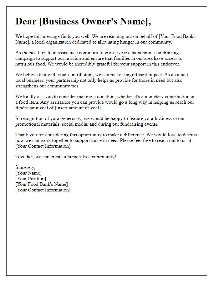 Letter template of food bank fundraising request for local businesses.