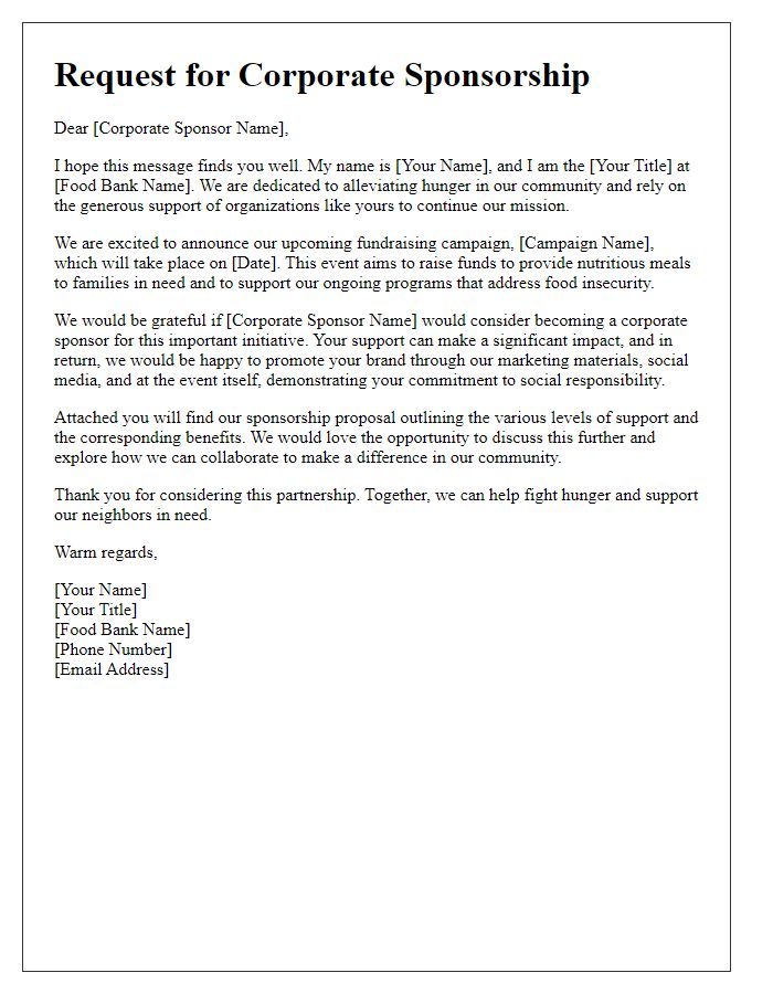 Letter template of food bank fundraising solicitation for corporate sponsorship.