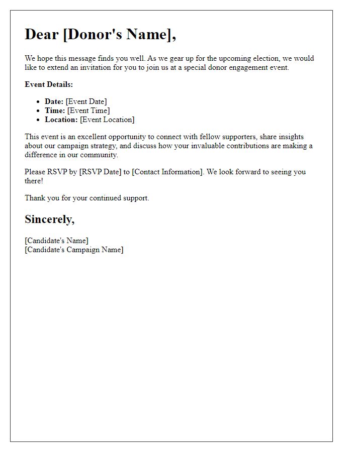 Letter template of political candidate donor engagement invitation.