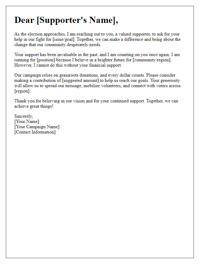 Letter template of political candidate fundraising appeal.