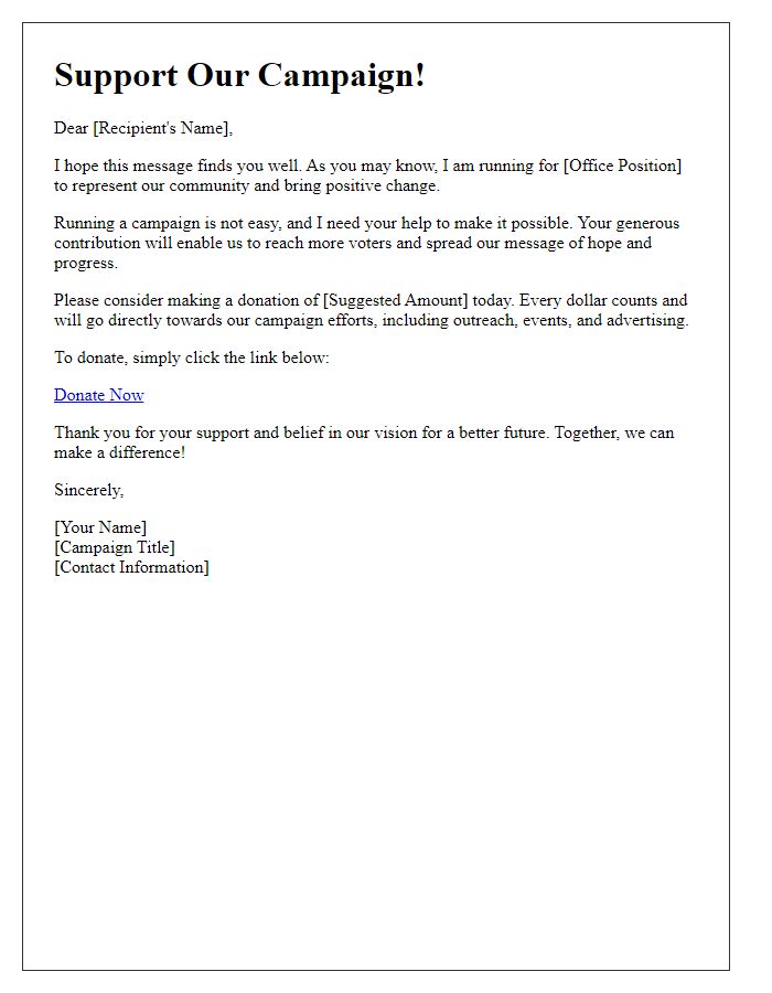 Letter template of political candidate online fundraising campaign.