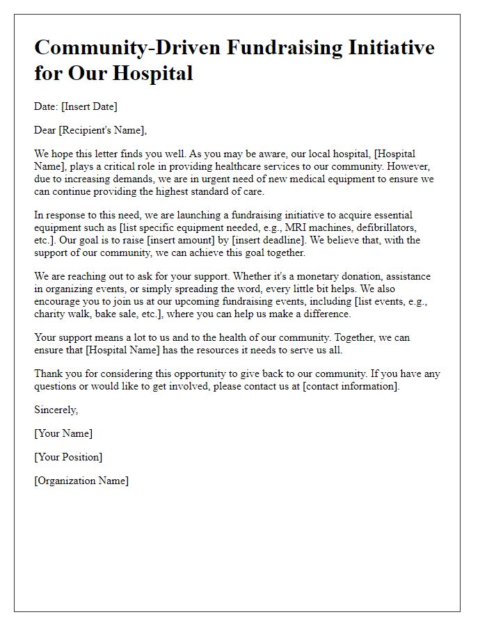 Letter template of community-driven hospital equipment fundraising initiative.