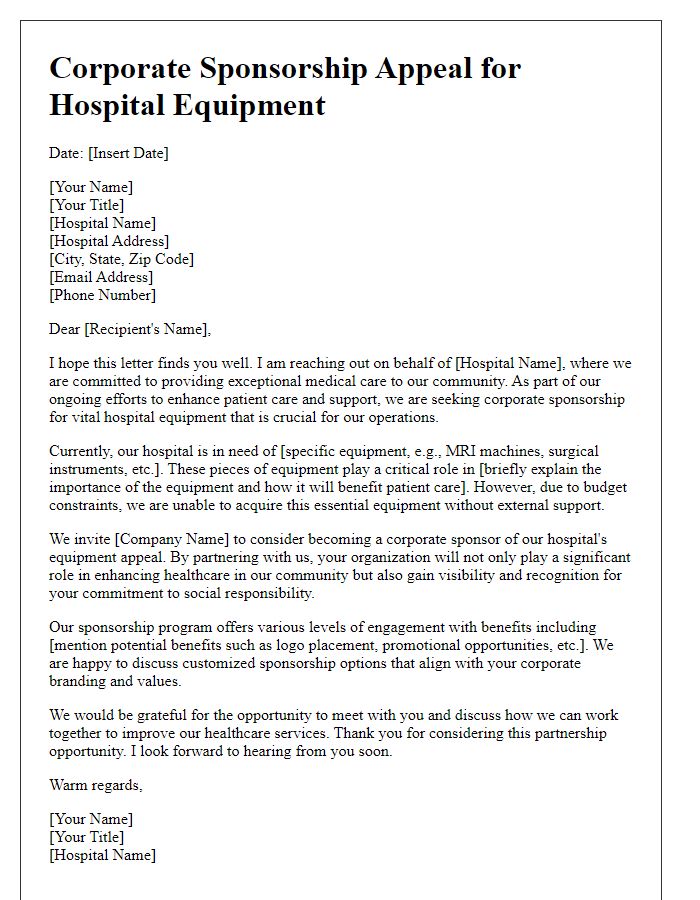 Letter template of corporate sponsorship for hospital equipment appeal.