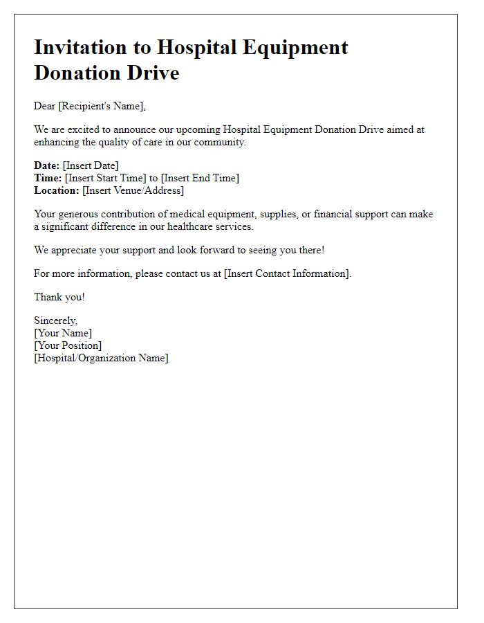 Letter template of hospital equipment donation drive invitation.