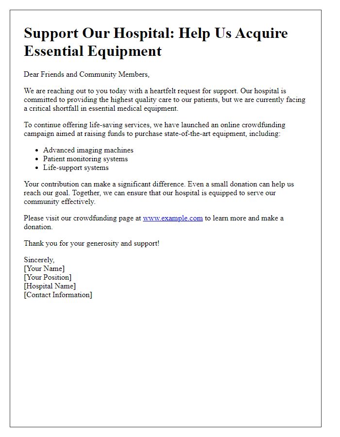 Letter template of online crowdfunding for hospital equipment support.