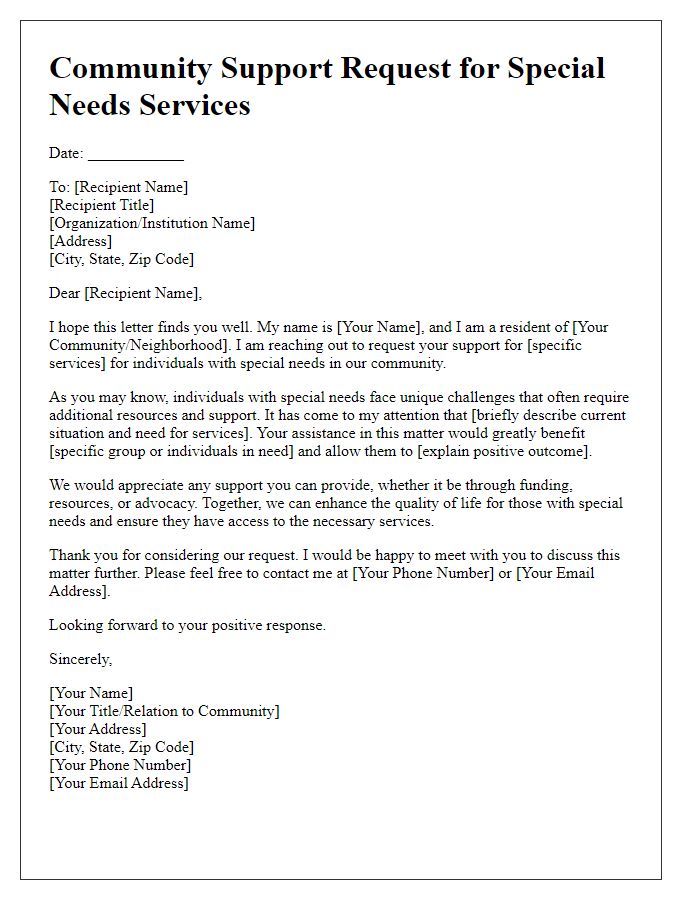 Letter template of community support request for special needs services.