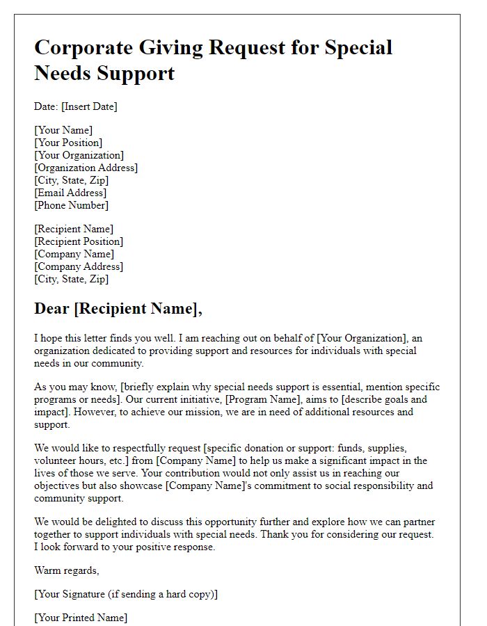 Letter template of corporate giving request for special needs support.