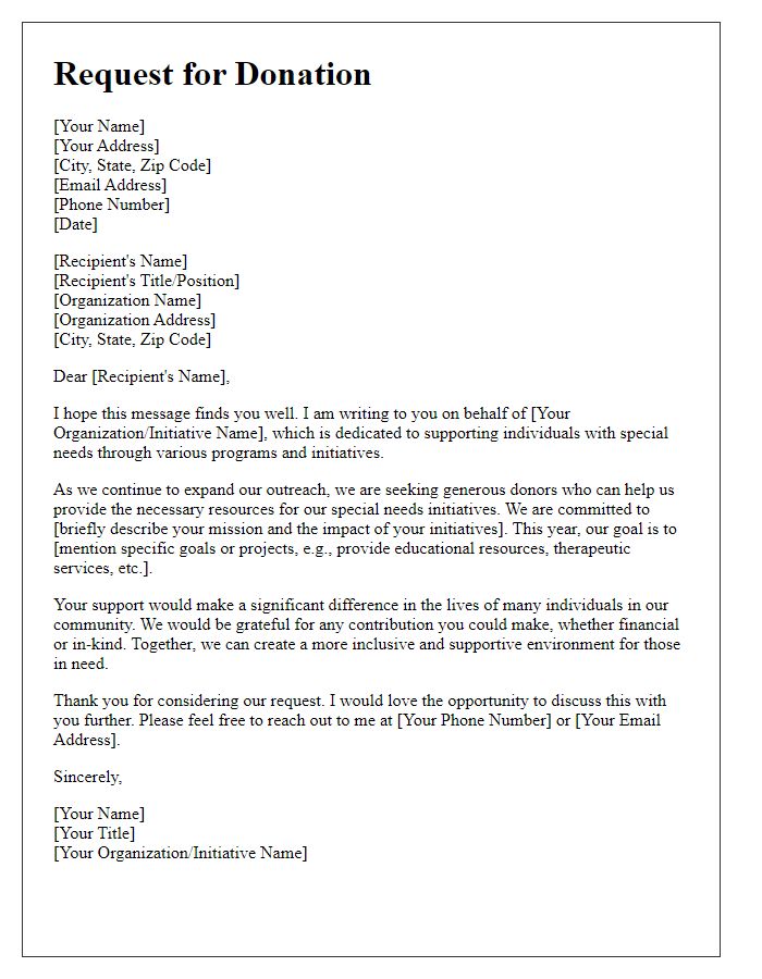 Letter template of donation request for special needs initiative.