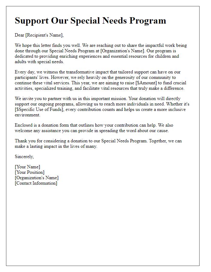 Letter template of fundraising appeal for special needs program.