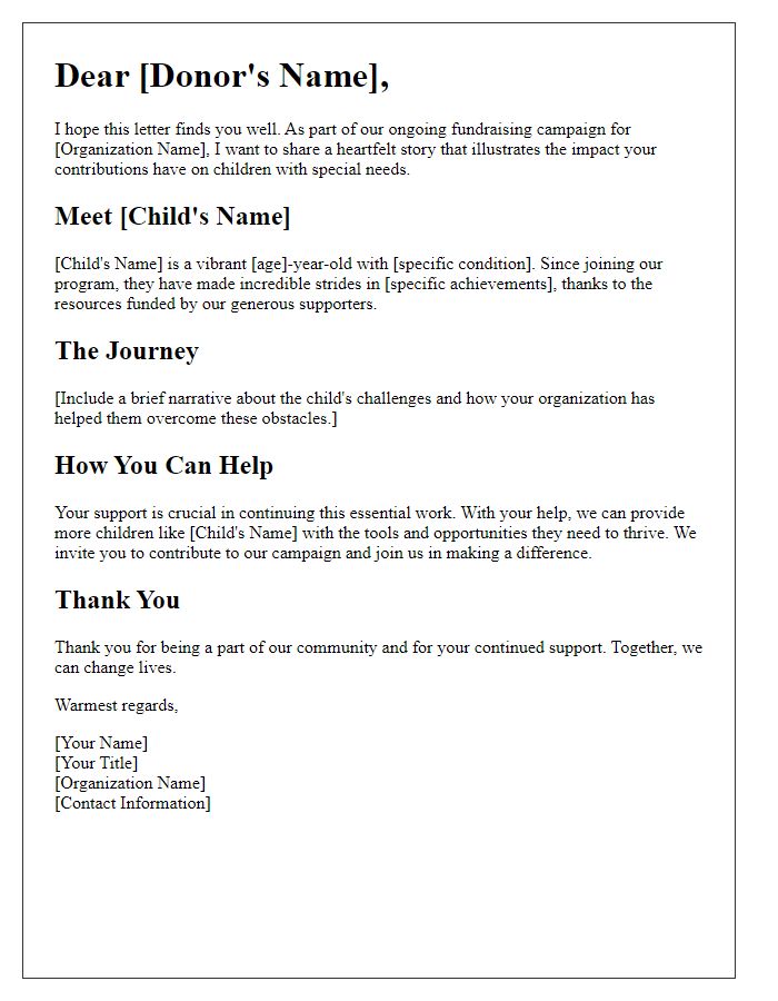 Letter template of impact story sharing for special needs fundraising campaign.