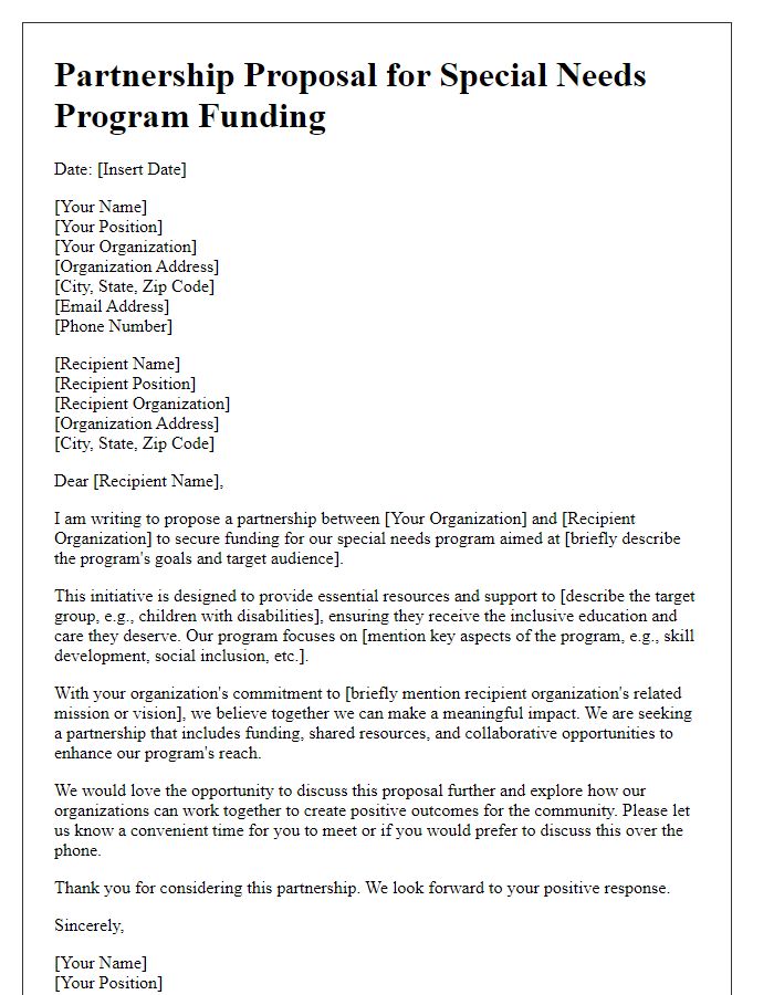 Letter template of partnership proposal for special needs program funding.