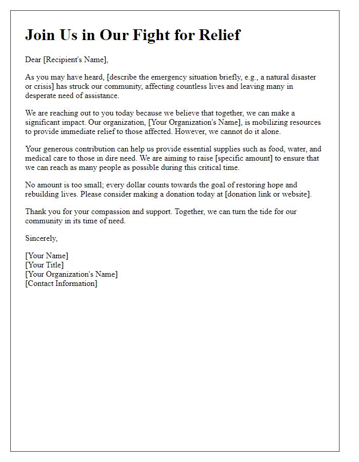 Letter template of emergency relief fundraising appeal.