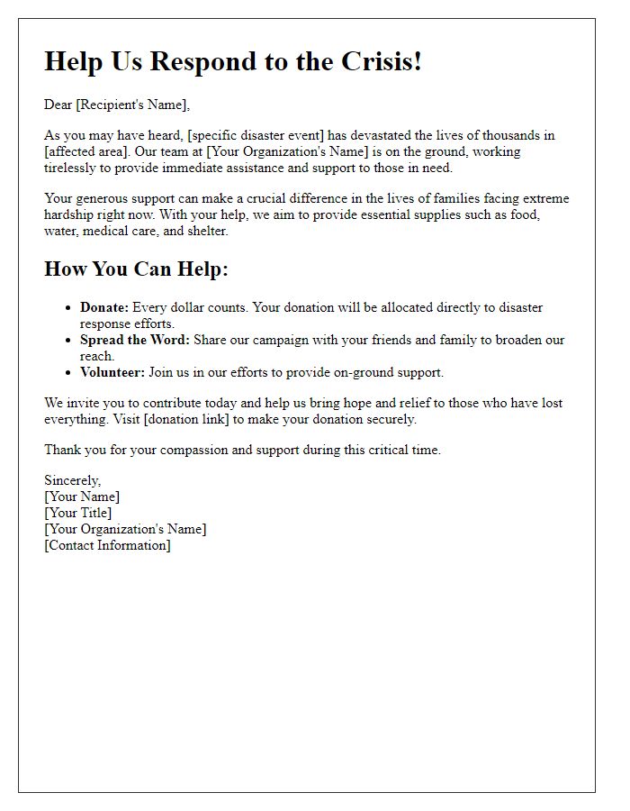 Letter template of humanitarian disaster response fundraising.