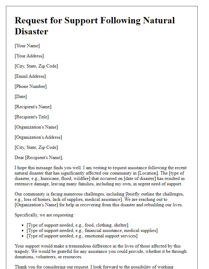 Letter template of natural disaster support request.