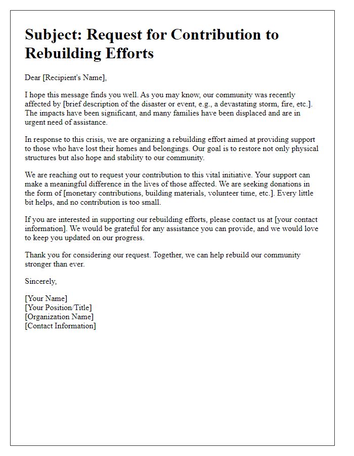 Letter template of rebuilding efforts contribution request.