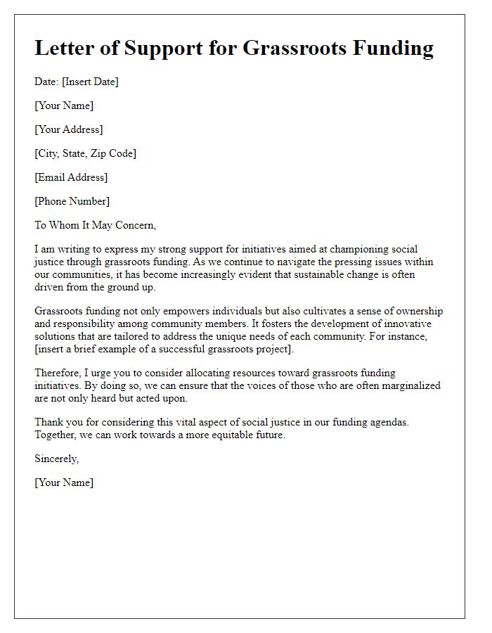 Letter template of championing social justice with grassroots funding.