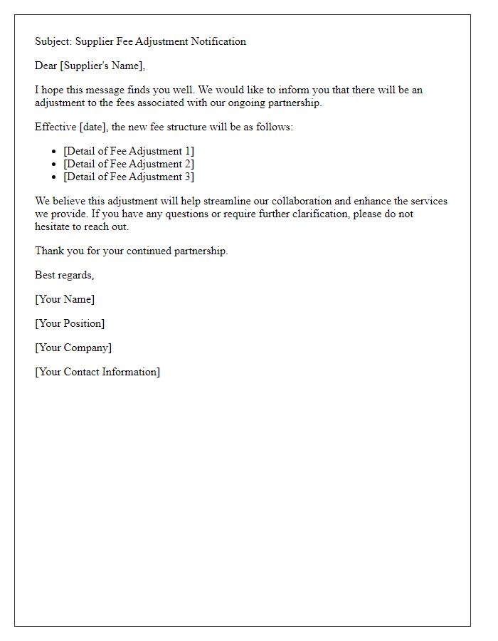 Letter template of supplier fee adjustment email