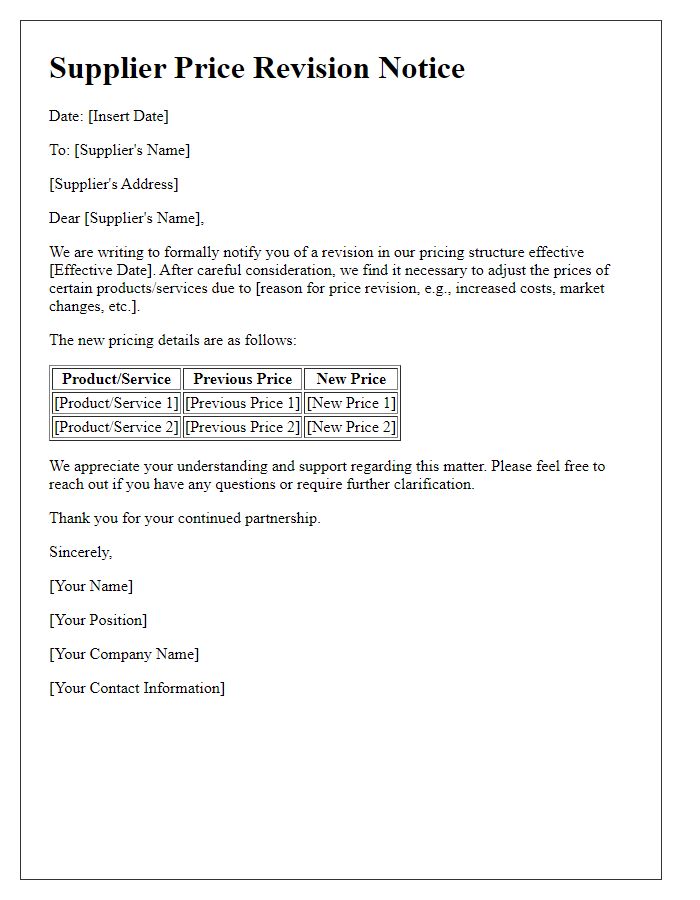 Letter template of supplier price revision notice