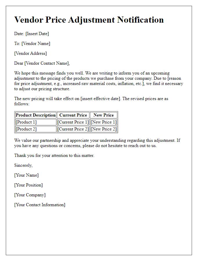 Letter template of vendor price adjustment communication