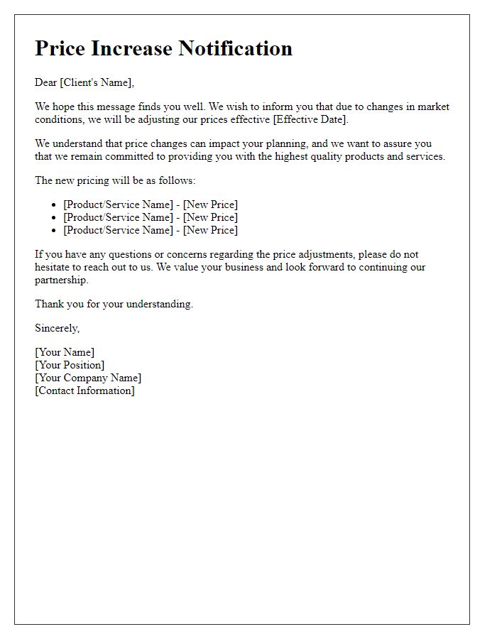 Letter template of vendor price increase notification to clients