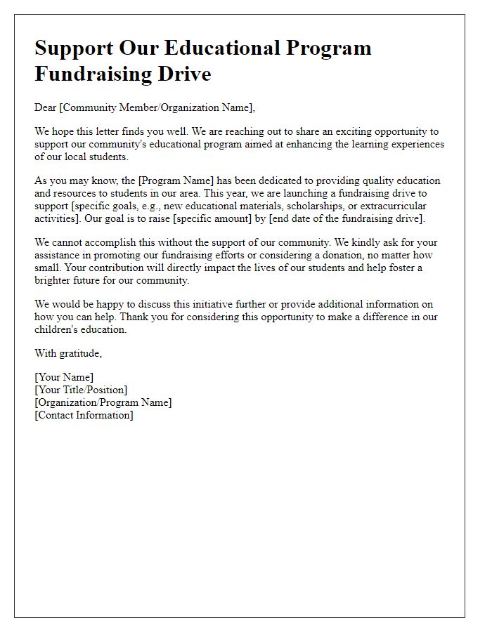 Letter template of community support outreach for educational program fundraising drive.