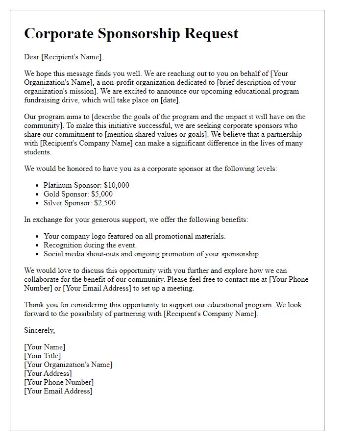 Letter template of corporate sponsorship request for educational program fundraising drive.