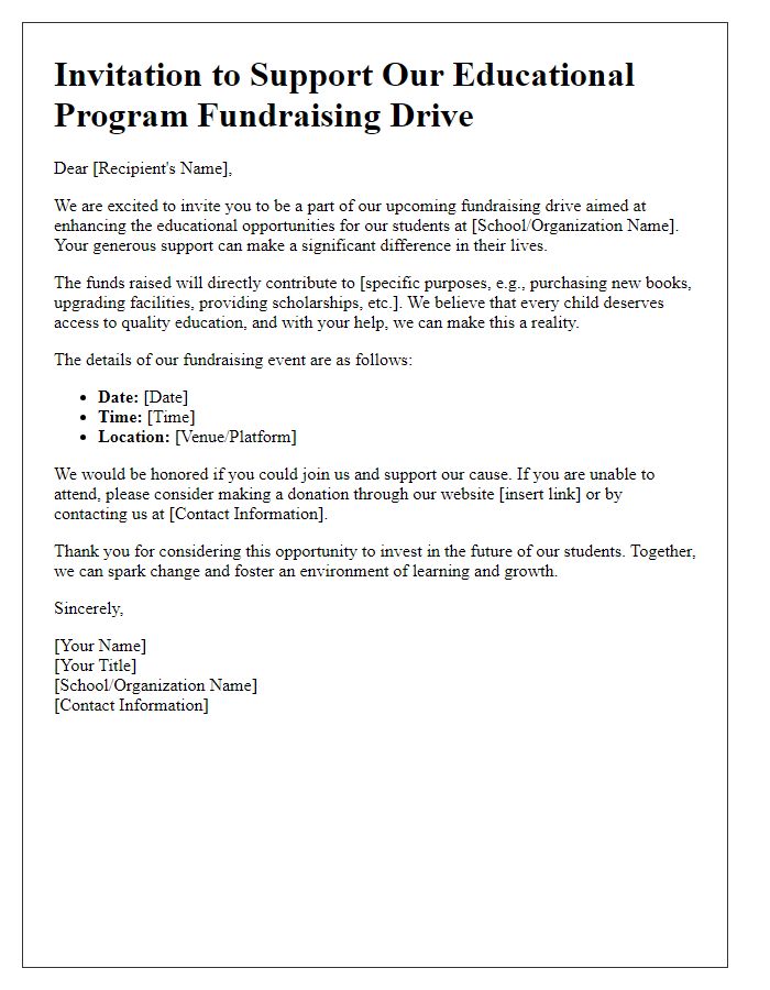 Letter template of donation invitation for educational program fundraising drive.