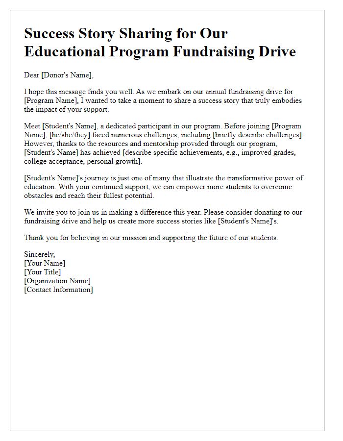 Letter template of success story sharing for educational program fundraising drive.