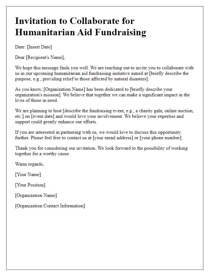 Letter template of collaboration invitation for humanitarian aid fundraising.