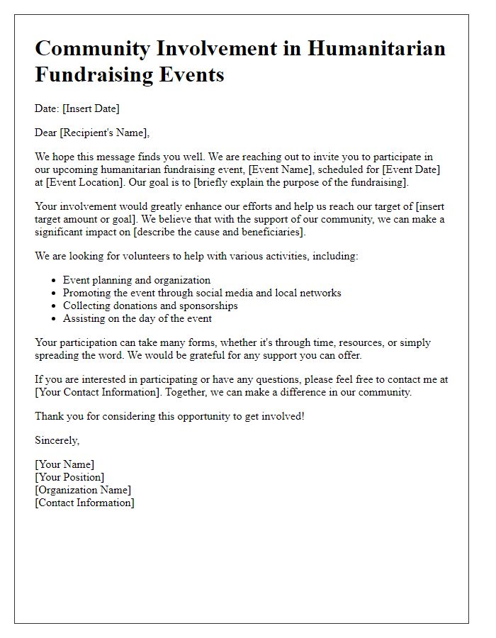 Letter template of community involvement in humanitarian fundraising events.