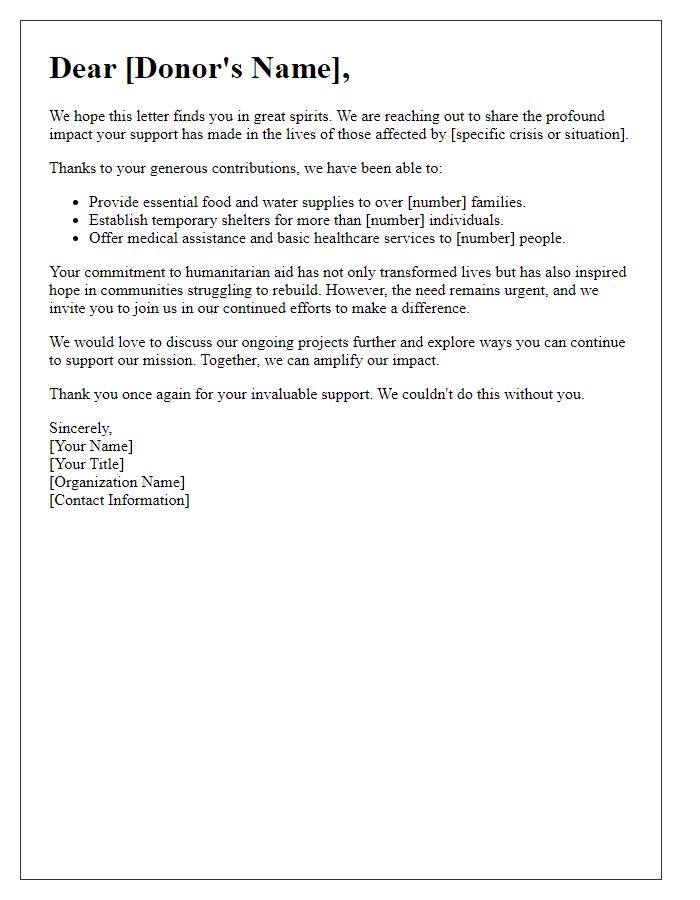 Letter template of impact sharing for humanitarian aid fundraising.