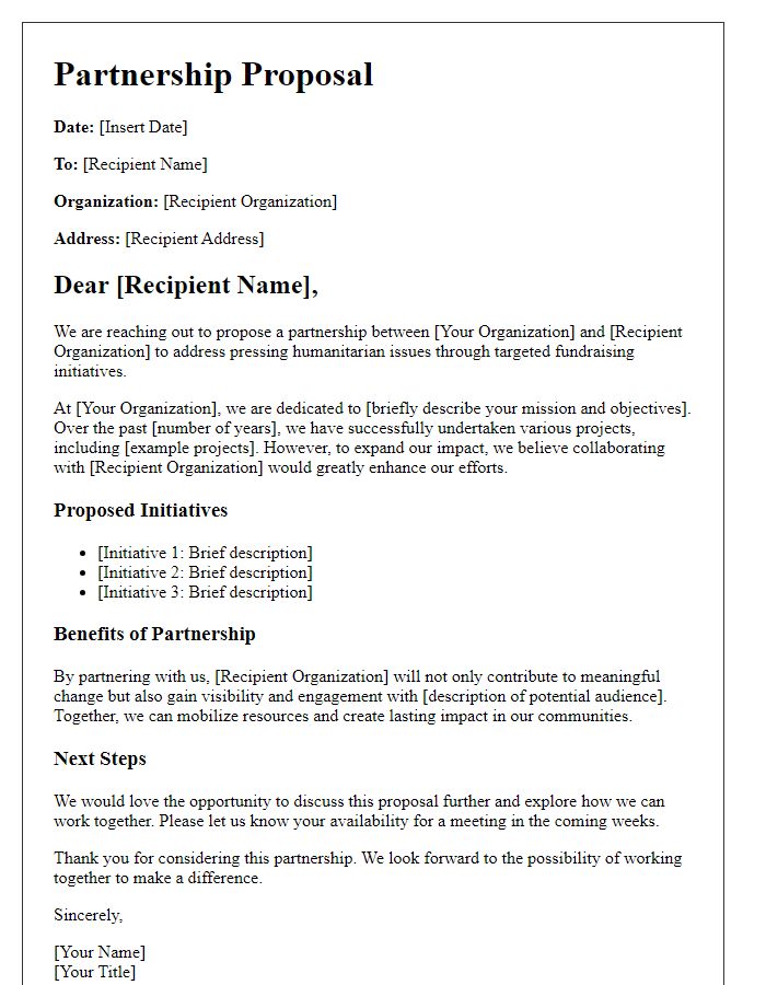 Letter template of partnership proposal for humanitarian fundraising initiatives.