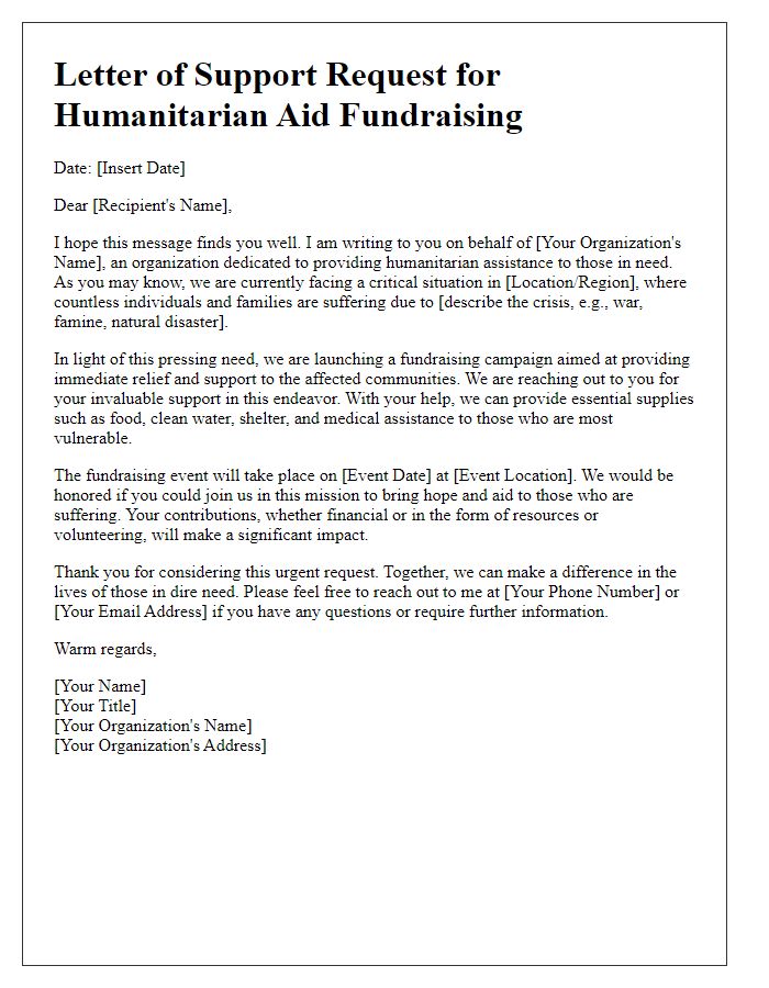 Letter template of support request for humanitarian aid fundraising.