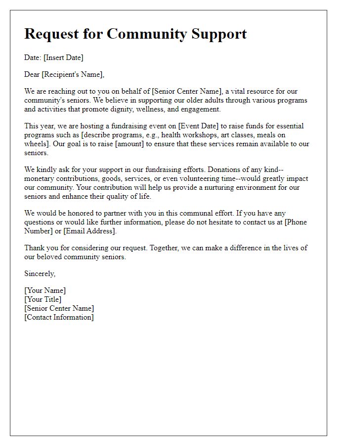 Letter template of community support request for senior center fundraising.