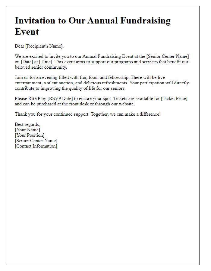 Letter template of event promotion for senior center fundraising.