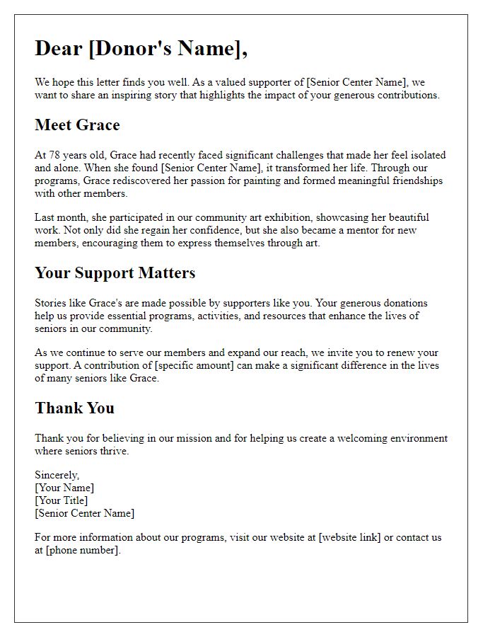 Letter template of impact story for senior center fundraising.